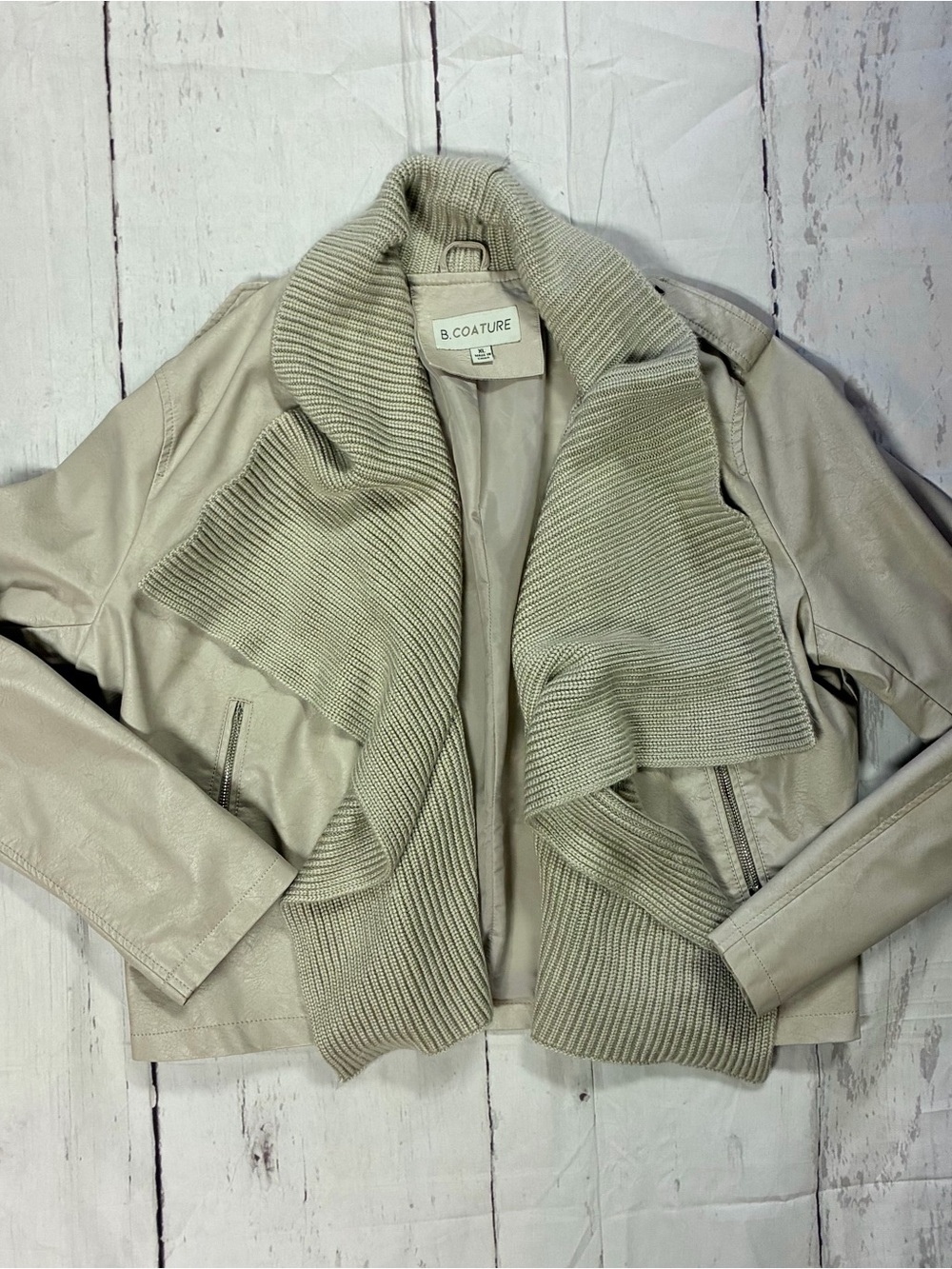 Women's Cream Pleather Jacket with Draped Ribbed Collar